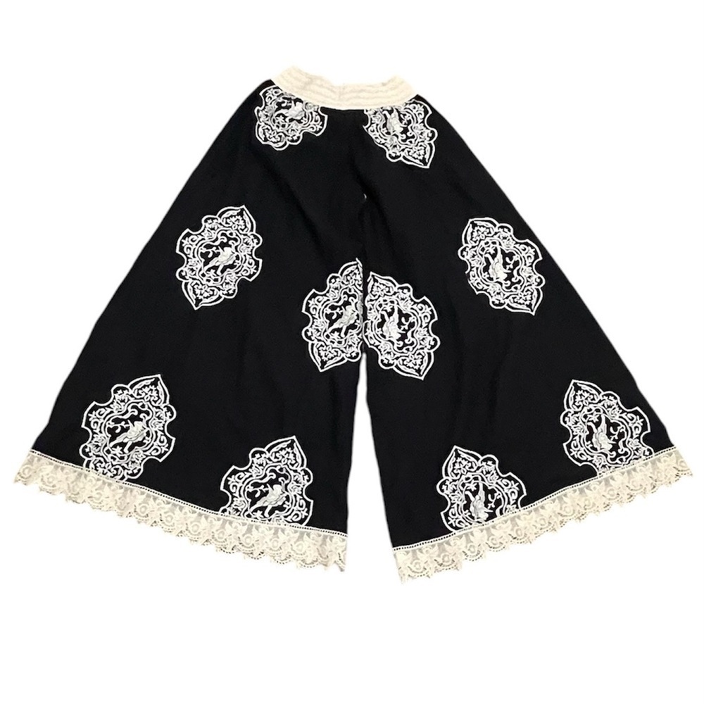 Antica Sartoria Palazzo Pants Women's Wide Leg Black White Embroidered Lace OS
